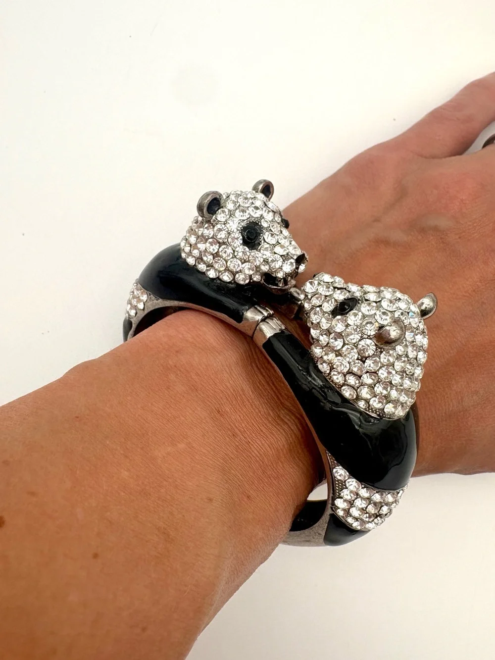 Vintage Rhinestone & Enamel Double Panda Cuff Bracelet